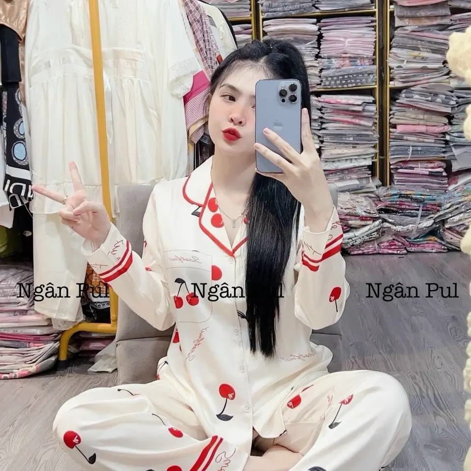 BỘ PIJAMA LỤA latin MỊN KEM HỒNG PHỐI SIZE 40-58kg mềm mịn mát Nữ Women