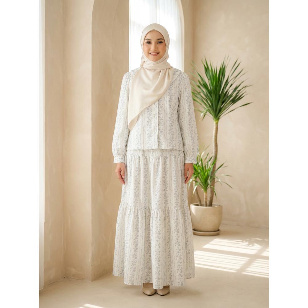 Asaya Rok kemeja lengan panjang leher awak setelan bunga