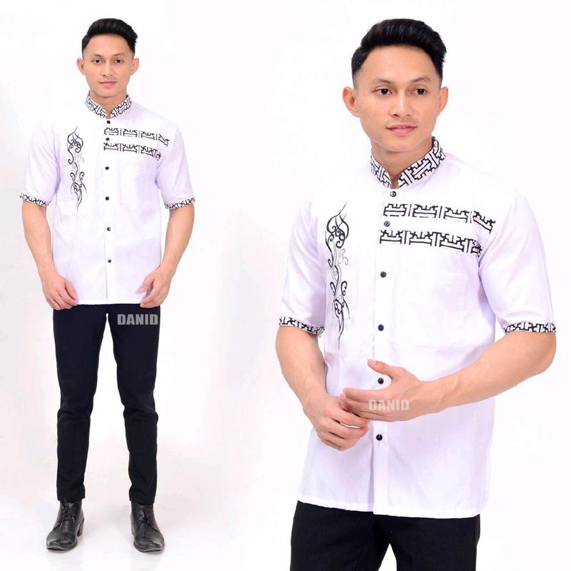 BAJU KOKO PRIA BORDIR PUTIH LENGAN PENDEK TERBARU TH 2023 Katun muslim formal muda dewasa Motif Kurta 7