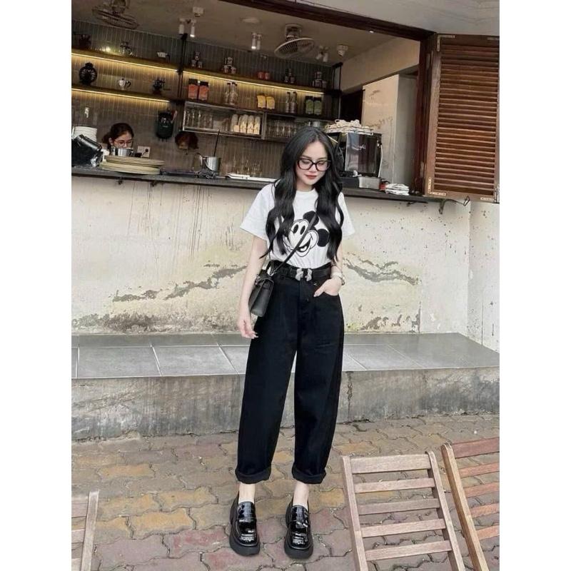 QUẦN BAGGY JEAN ĐEN BIGSIZE CẠP CAO, Chất Jean Co Dãn, Dài Quần 94cm