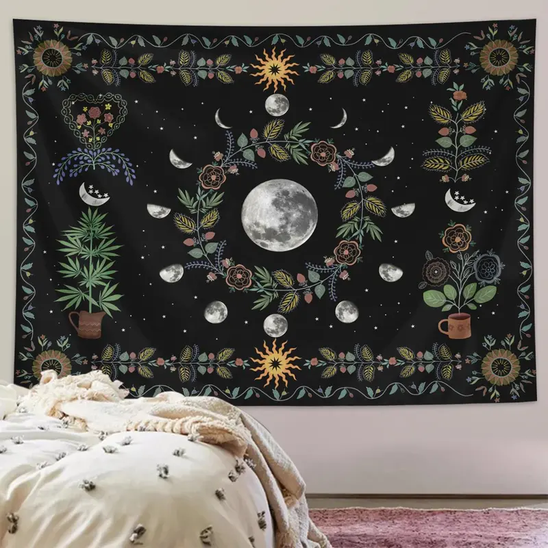 Moon & Plant Pattern Tapestry, Bohemian Style Tapestry, Wall Hanging Decor for Home Living Room Bedroom, Home Decor 7