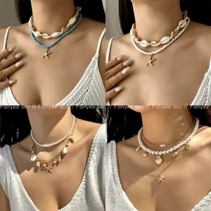 [Fanyee] Kalung Set Bintang Laut Kerang Mutiara Kecil Berkilau Modis Wanita Q1527