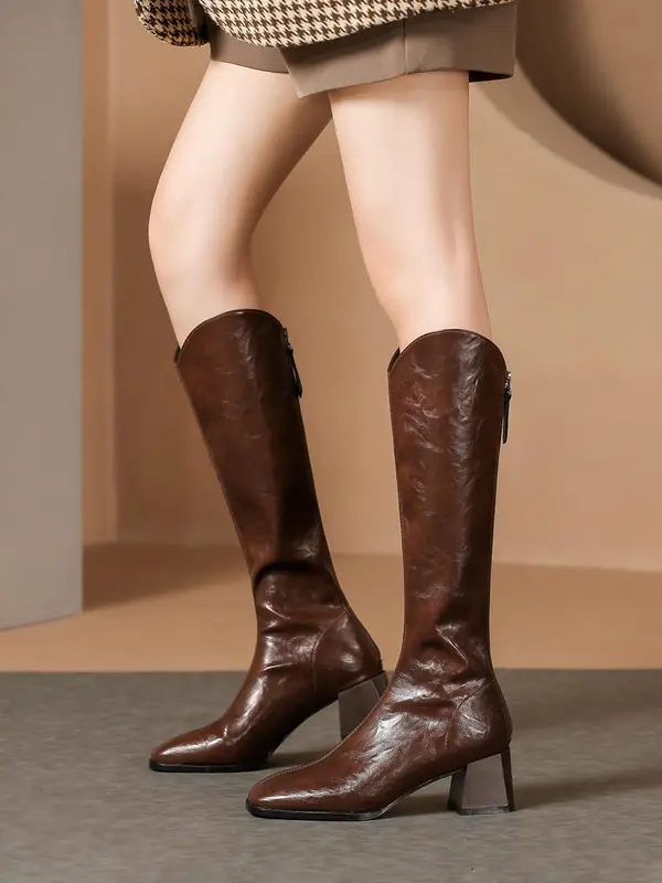 Women's Fashionable Solid Color Square Toe Boots, Retro Style Zipper Design Knee High Boots for Daily Wear, Casual Trendy Versatile High-quality Daily Comfortable Shoes, Girl 0