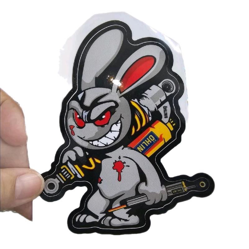 Decal tem logo sticker thỏ điên cầm phuộc cao 10cm dán trang trí xe máy Nhãn Dán