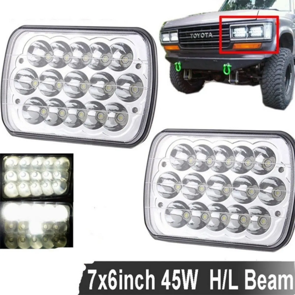 2pcs Universal Led Hi/Low Drl Amber Turn Light Square Headlight 45W 7X6 Inch