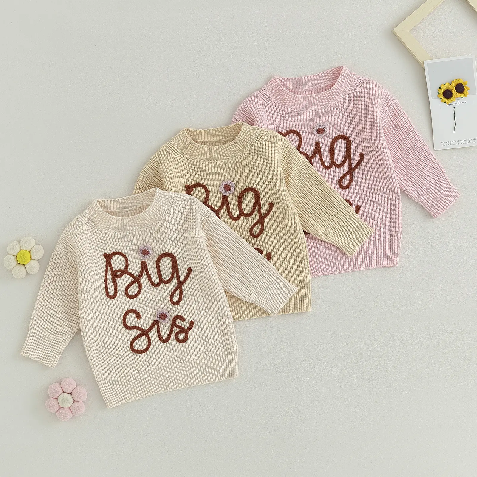Kid Girl Autumn Sweater, Long Sleeve Round Neck Flower Letter Embroidery Pattern Knitwear Pullover
