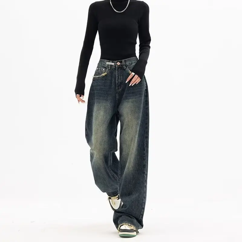 Harajuku Fashion High Waist Women Spring and Autumn New Versatile Zipper Light Color and Water Scrubbing Trendy Jeans Simple Straight-Leg Pants flared  jeans stacked  jeans