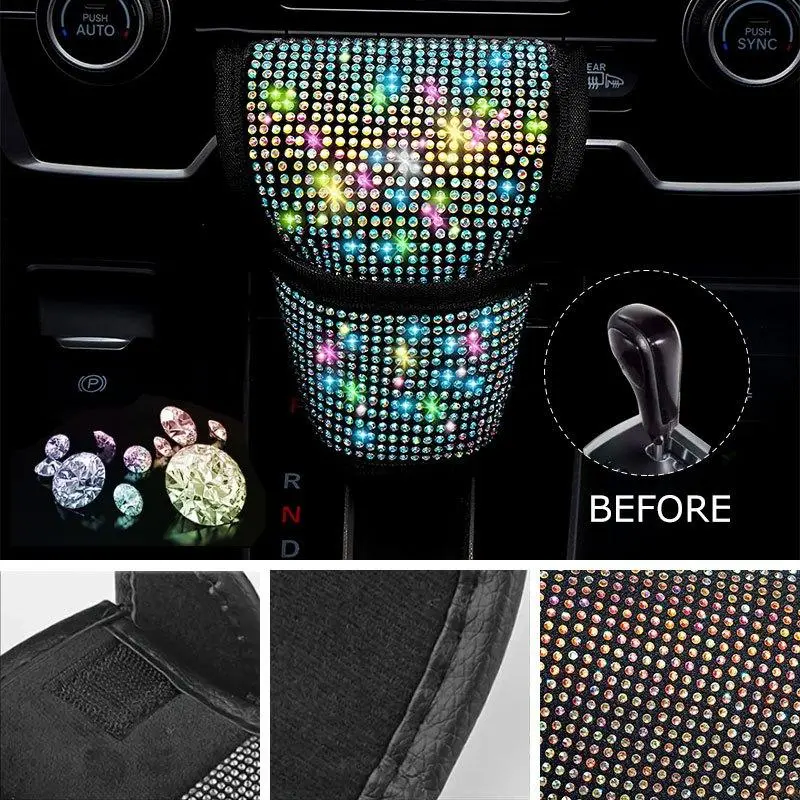 Rhinestone Car Interior Decoration Set (7pcs), Including Car Steering Wheel Cover, Armrest Box Mat, Gear Handle Cover, 2 Coaster & 2 Starting Ring 4