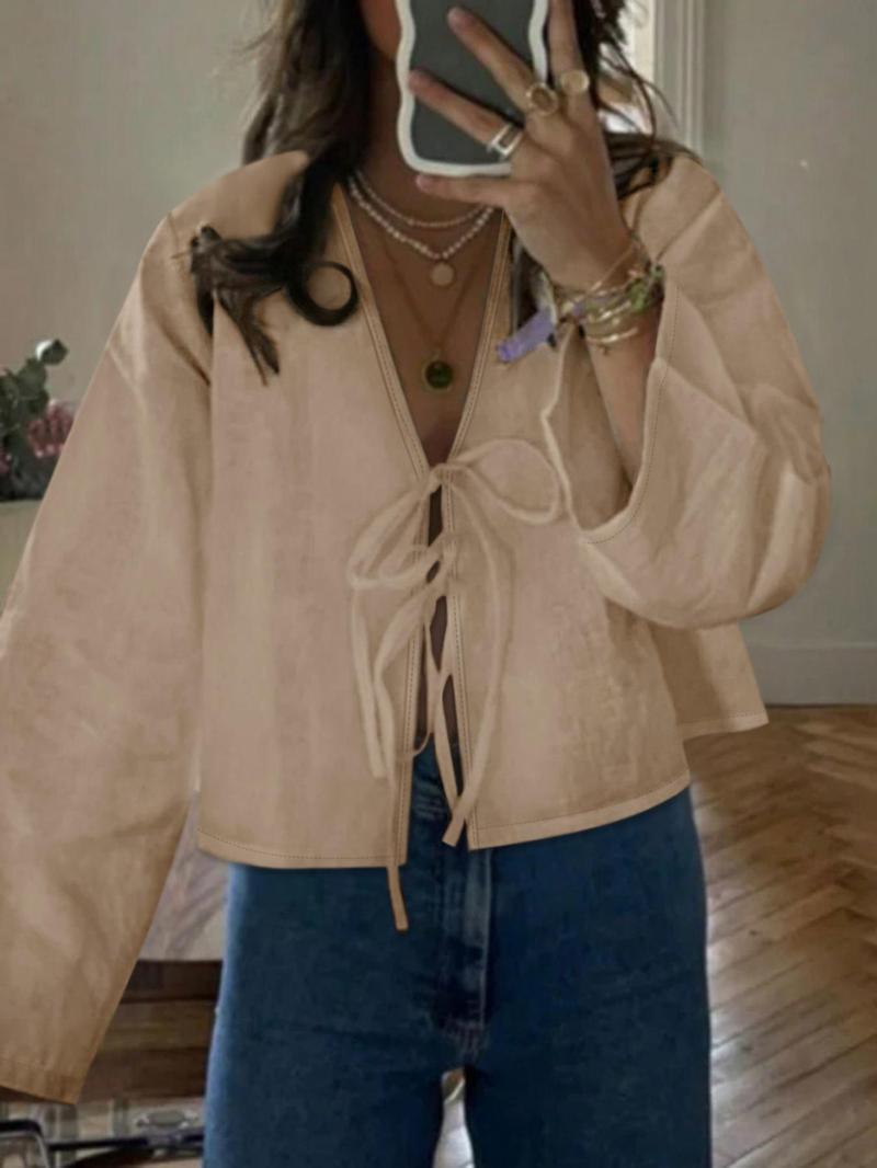 Product Introduction of Women's Plain Tie Front V Neck Blouse, Casual Long Sleeve Top for Spring & Fall, Women's Clothing for Daily Wear, Workwear, January Workwear 12