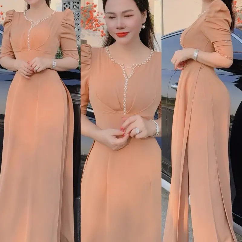 Bộ áo dài cổ đính ngọc trai