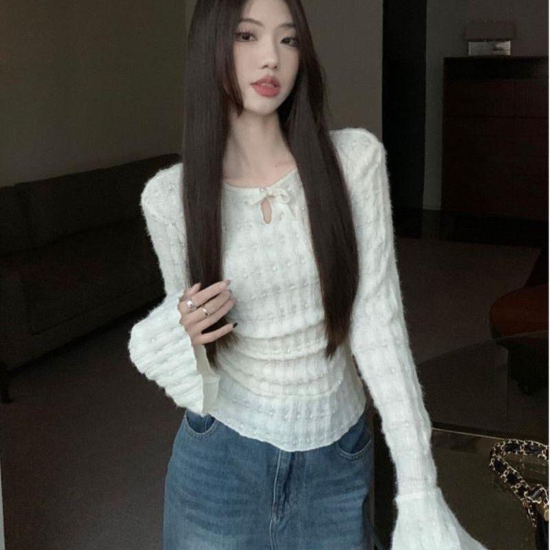 Áo Lớp Nền Ren, Áo Thun Tay Áo Loe, Dành Cho Nữ, Mùa Thu Và Mùa Đông, Dáng Ôm, Có Thể Mặc Bên Trong, Áo Đẹp Sang Trọng, Hàng Mới Về 2025, Phong Cách Ins Shirt Cổ Tròn Women Top Sơ Mi 3
