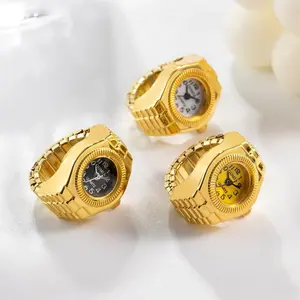 Jam Tangan Cincin Pasangan Warna Emas Jam Perhiasan Retro Quartz Watch Ring Untuk Wanita Pria Vintage Punk Jari Jam Mini Tali Elastik