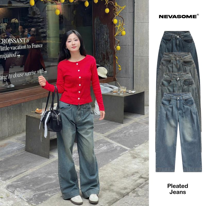 [Xả Hàng] Quần Jean Xếp Ly Ống Rộng NEVASOME Pleated Jeans - 4 Màu Local Brand Vải Jean Cao Cấp Nữ Quần Dài Xếp Ly Ống Suông Womenswear