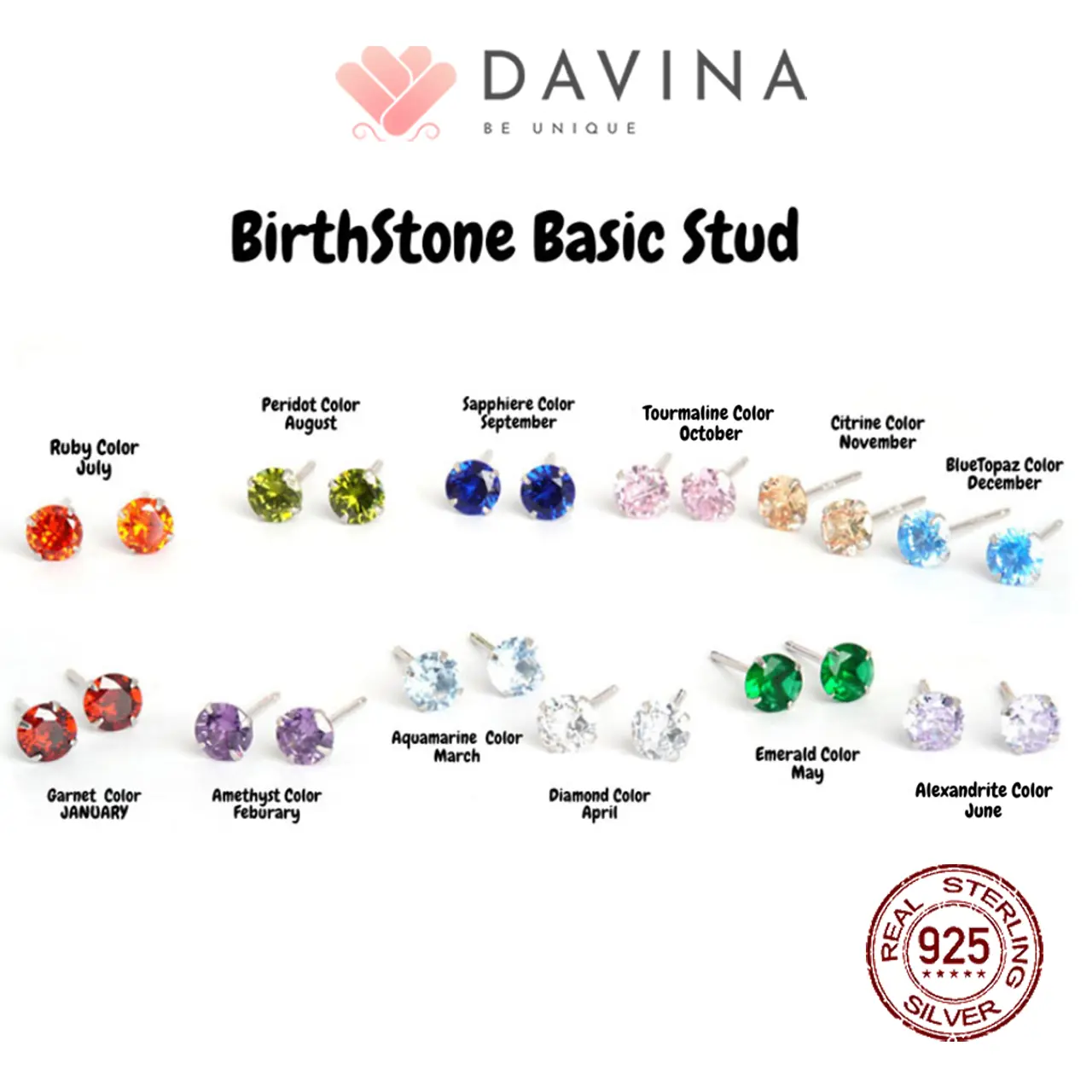 DAVINA Ladies Birthstone Earrings Sterling Silver 925 Small - Anting Wanita Perak S925 Tusuk