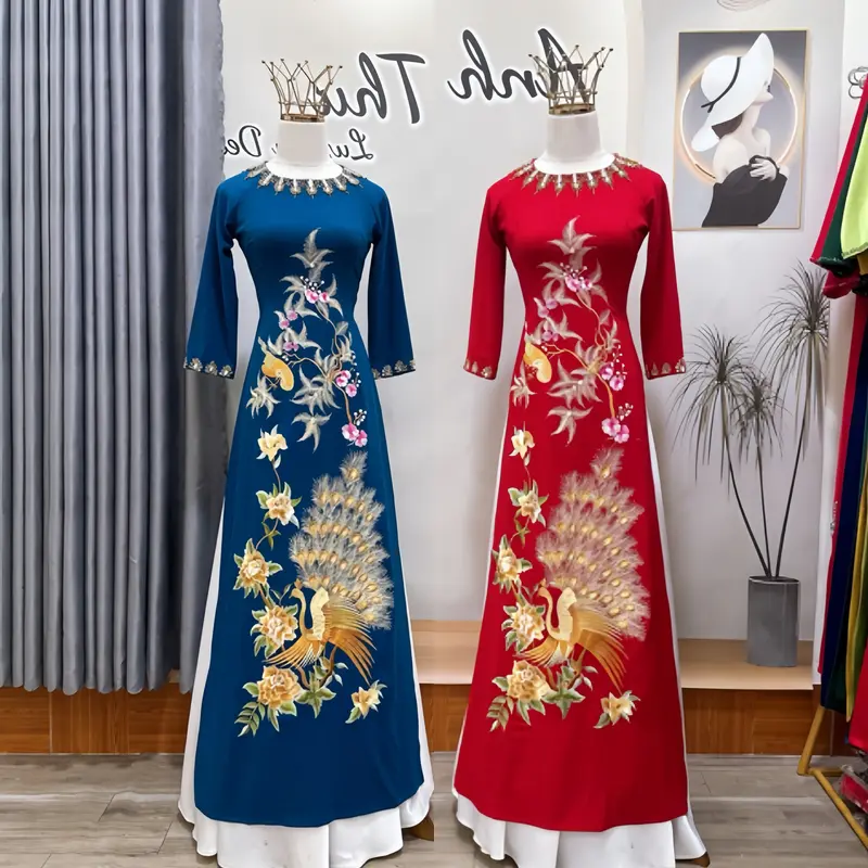 Áo dài mẹ sui vải lụa mango thêu hoa đào đính kết sang trọng nổi bật 1