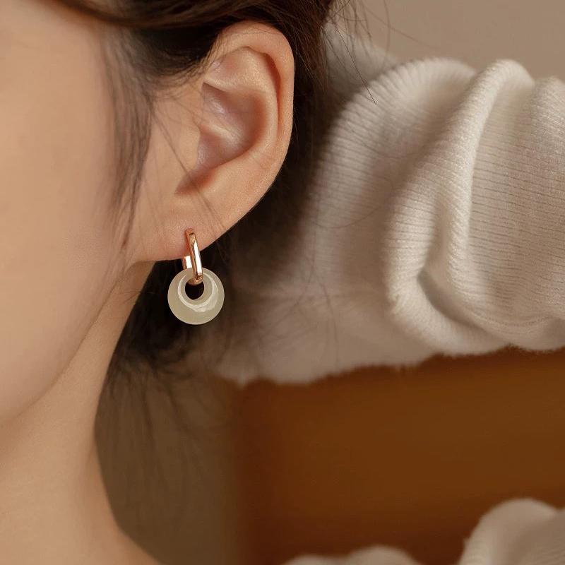 Khuyên Tai Tròn, Màu Vàng Tinh Tế Dành Cho Nữ, Mặt Dây Chuyền Ngọc Bích Hòa Điền Giả, Phụ Kiện Khóa Tai, Tuyệt Vời Làm Quà Tặng 2