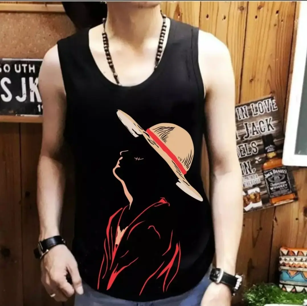 ShopAoi Singlet / Kaos tanpa lengan / Kaos Dalam / T-shirt Distro / Singlet Luffy Topi Pria Murah Santai Hitam Motif Oblong