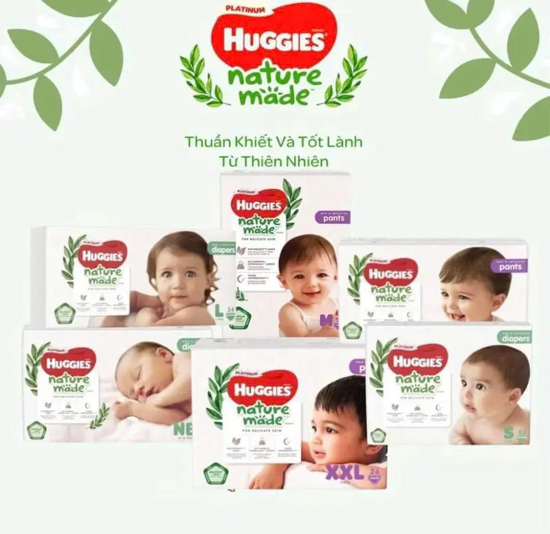 Bỉm/tã dán/quần Huggies Platinum Nature Made Size NB60/S82/M64/L54/XL44/XXL26 0
