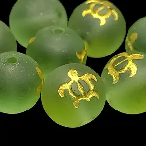 Butiran Batu Giok China Jadeite Asli 10mm Ukiran Kura-Kura Hijau- VeE