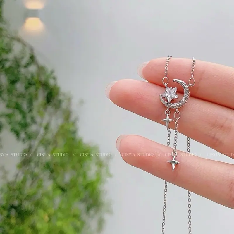 (Bebas beli 2 dapat bonus) K65 COD Kalung bulan bintang pesta Zircon titanium wanita 5