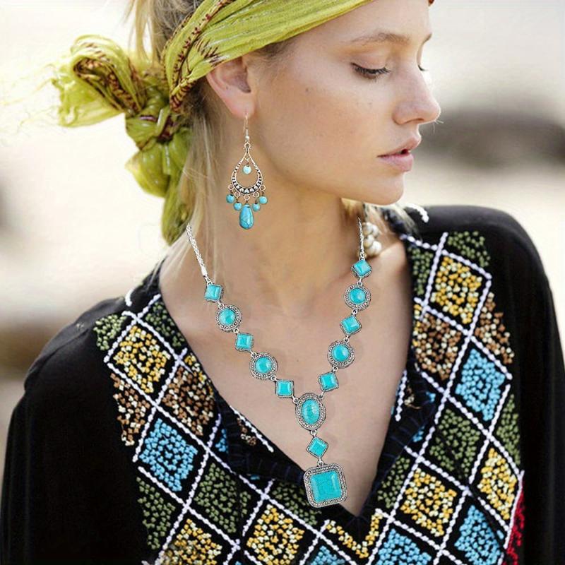 [Complete Turquoise Bead Jewelry Set] Bohemian Turquoise Necklace Round Necklace Bracelet Earrings Bead Jewelry Set 2