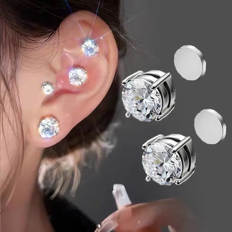 2pcs crystal zircon magnetic earrings are not easy to fall off easy to wear with silver earrings