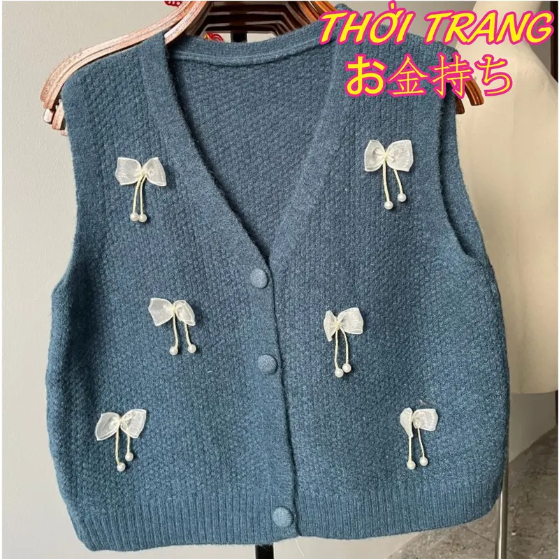 Áo gile len đính nơ cúc bọc cổ V nhiều màu 406 7