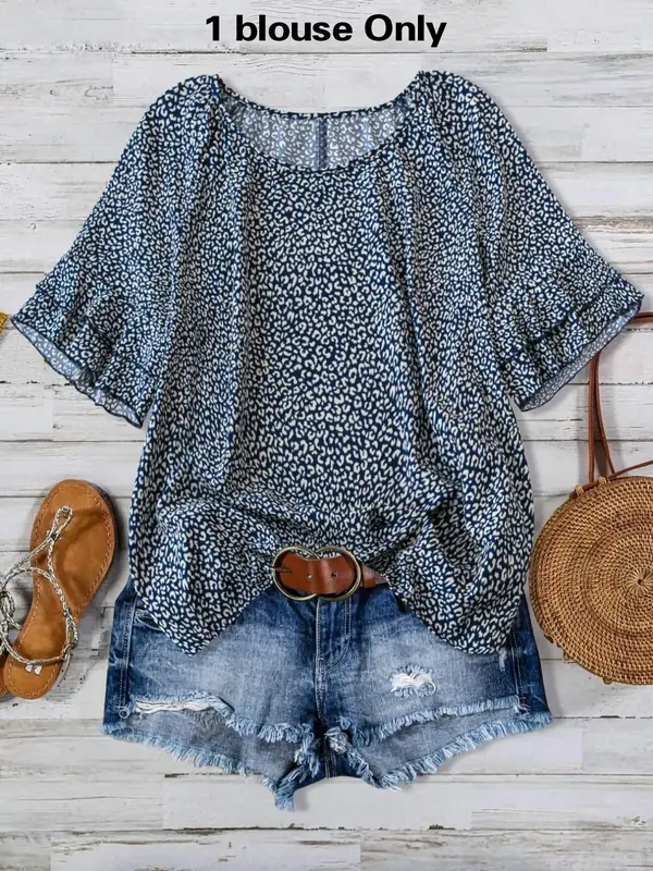 Plus Size All Over Print Curved Hem Cover Up Top, Casual Batwing Sleeve Top for Summer, Women's Plus Clothing for Daily Wear 0