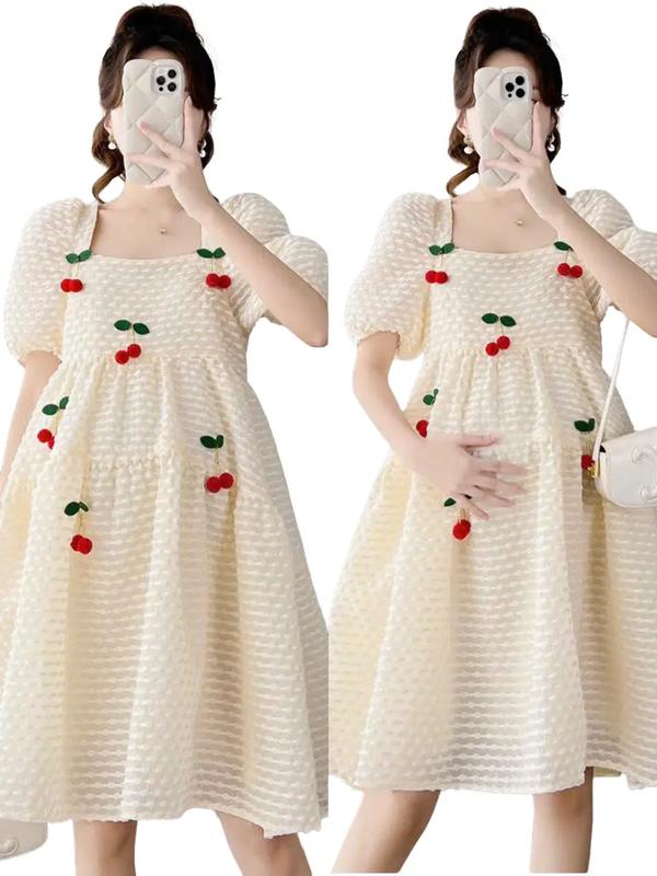 Đầm Váy Bầu Babydoll Cộc Tay Mùa Hè Tiểu Thư Dự Tiệc - Váy Bầu Thiết Kế Cổ Vuông Đính Quả Cherry Màu Trắng kem Đầm Bầu Nữ Women Dress Voan đỏ đính đá váy  bầu