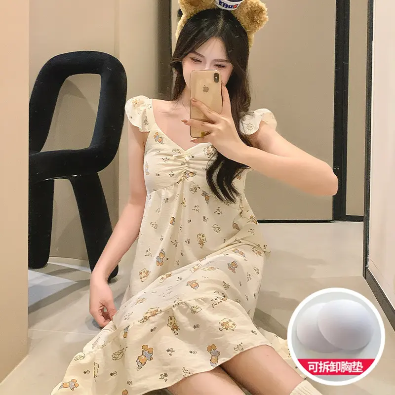Women's Summer Nightdress with Chest Pads Sweet Floral Flutter Sleeves Sling Cotton Pure Cute Mid-Length Sleepwear Sensual Homewear