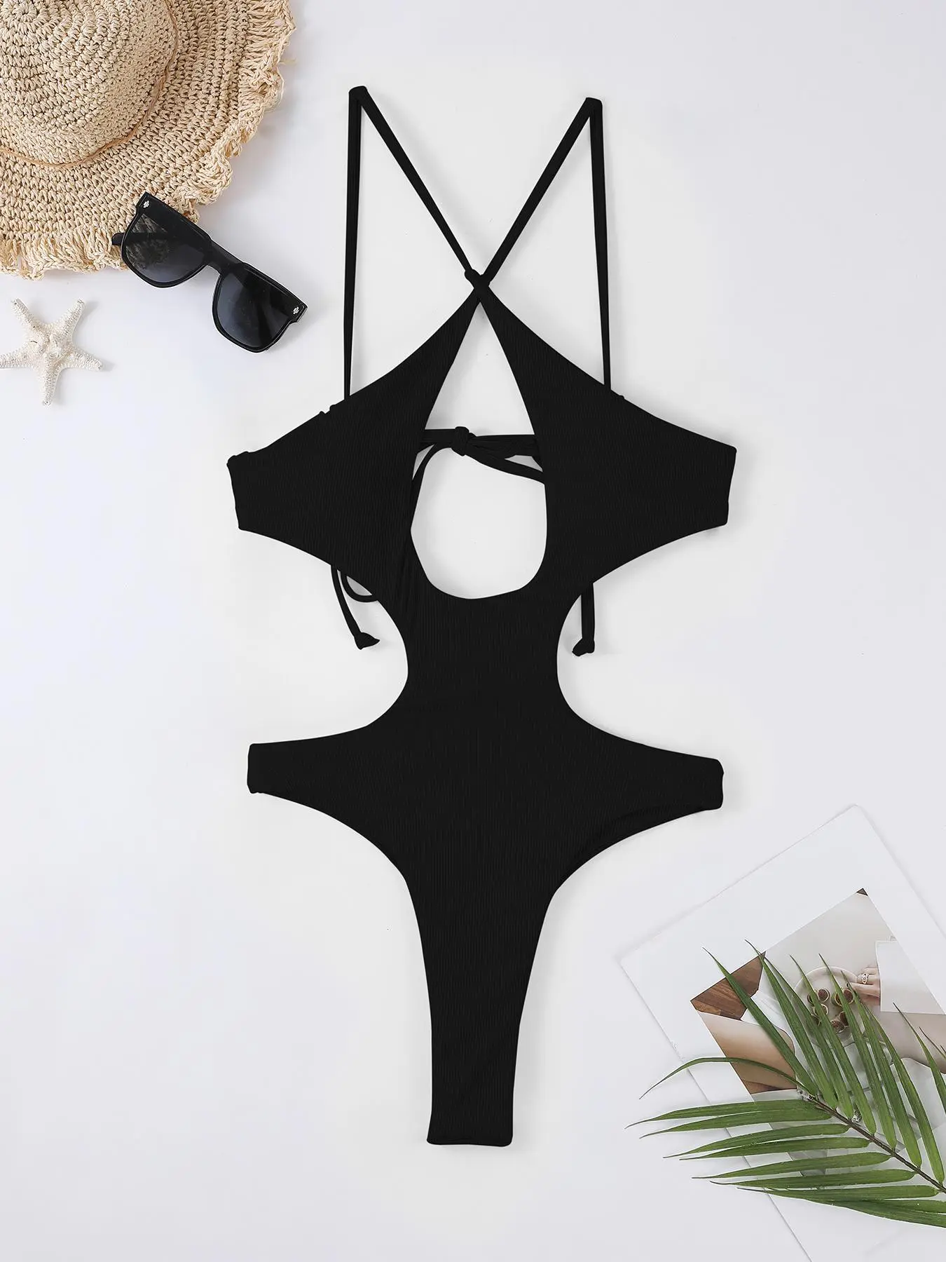 Women's Plain Criss Cross Cut Out Backless One-piece Swimsuit, Solid Spaghetti Strap Tie Back Swimwear, Bathing Suits 2024 for Women, Tummy Control Swimwear, Ladies Swimsuit for Beach Holiday Vacation