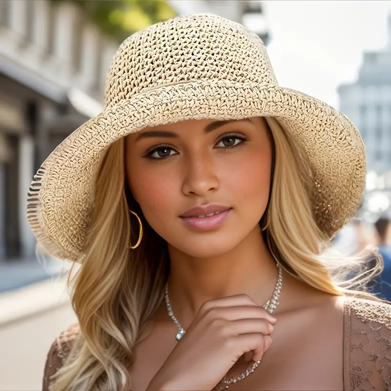 Beige Hand- Straw Hat - Foldable & Bendable Brim, Lightweight Sun Hat Beach Vacations, Weddings,/Outdoor Activities, Beach Hat, Headwear, Fashionable Beachwear satin  lined bunny  hat 4