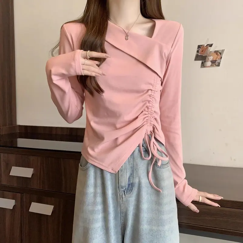 Áo Thun Dài Tay Thiết Kế Mùa Xuân Ngoại Cỡ Phong Cách Sang Trọng Bất Đối Xứng Dành Cho Nữ, Với Lớp Nền Dây Rút, Thích Hợp Cho Cô Gái Đầy Đặn, Áo Dễ Phối Đồ 0