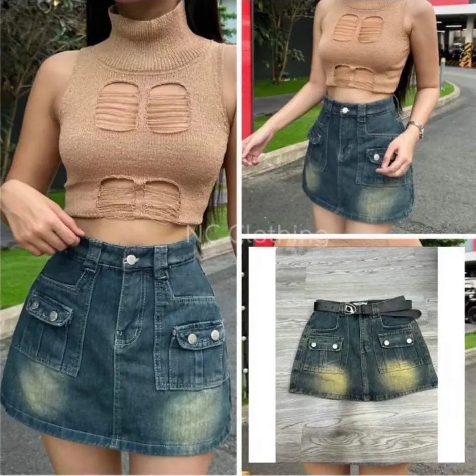 Quần váy jaens túi hộp cạp cao có quần trong dáng chữ A