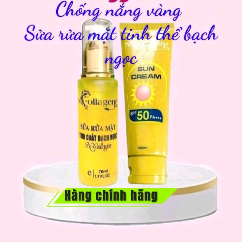 Bộ 2 sản phẩm Ncollagen Kem Chống Nắng Vàng và Sửa Rửa Mặt Tinh Thể Bạc Bạch Ngọc hỗ trợ chăm sóc da ban ngày - Toner Sen Serum Massage Son Skincare Hoa Sen Làm Đẹp Da