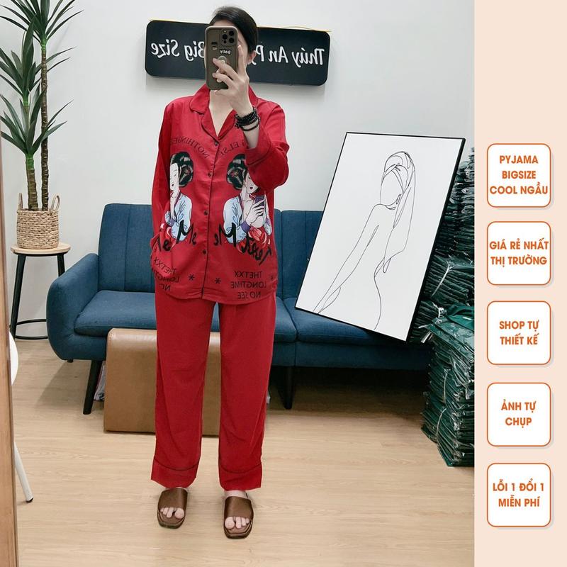 Bộ Pijama Bigsize 2 cô gái màu đỏ tay dài mặc nhà dành cho nữ có size từ 40kg đến 90kg