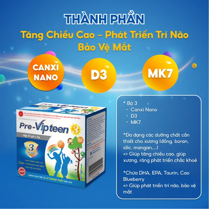Pre-Vipteen 3 Giúp Bổ Sung Canxi, Vitamin D, MK7 - Hỗ Trợ Phát Triển Chiều Cao - Xương Răng Chắc Khỏe Dành Cho Trẻ - Hộp 20 Gói 1