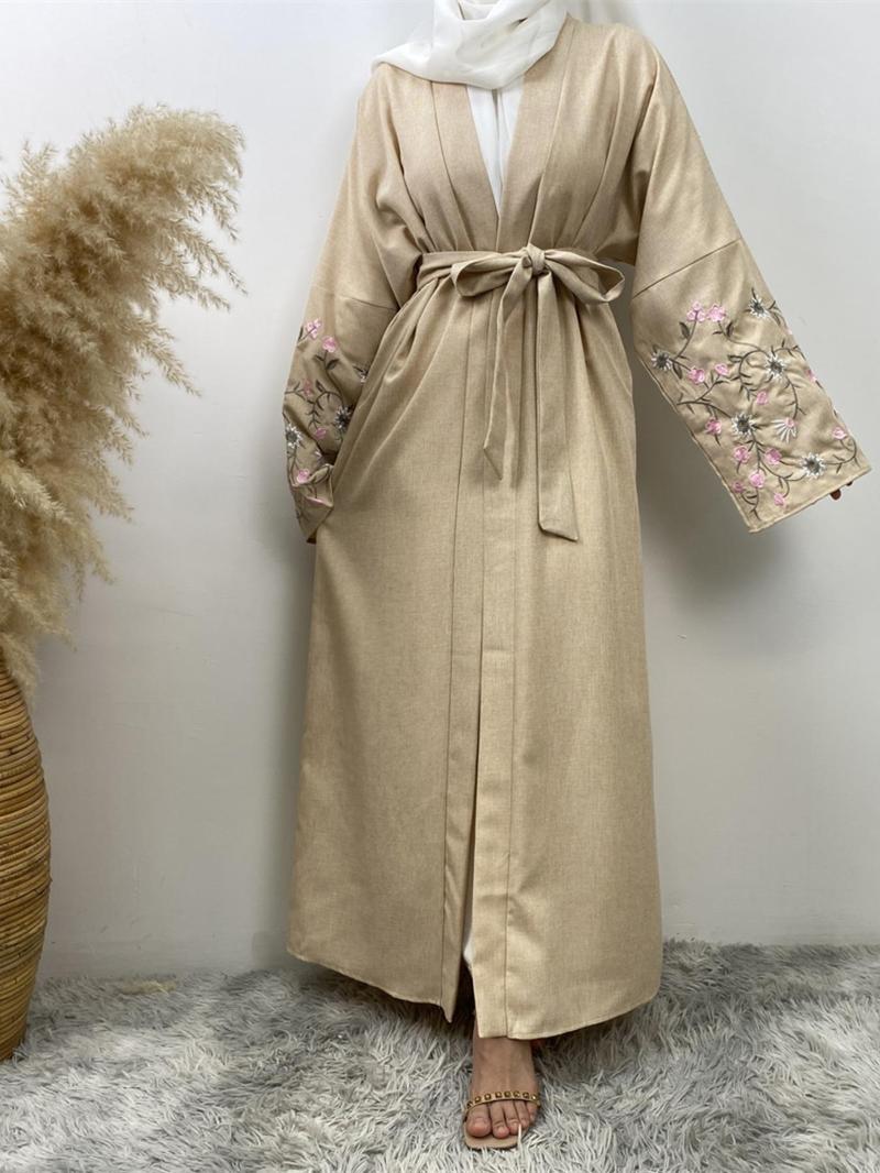 Product Introduction of Women's Floral Embroidery Long Sleeve Belted Abaya, Modest Casual Long Abaya Dress for Daily Wear, Women's Islamic Clothing for Spring & Fall 4