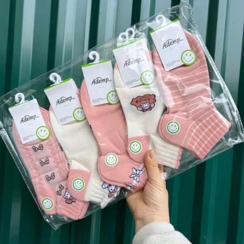 [Tất hè 2025] Sét 5 đôi tất nữ cổ ngắn Cotton tone màu hồng có 2 mẫu
