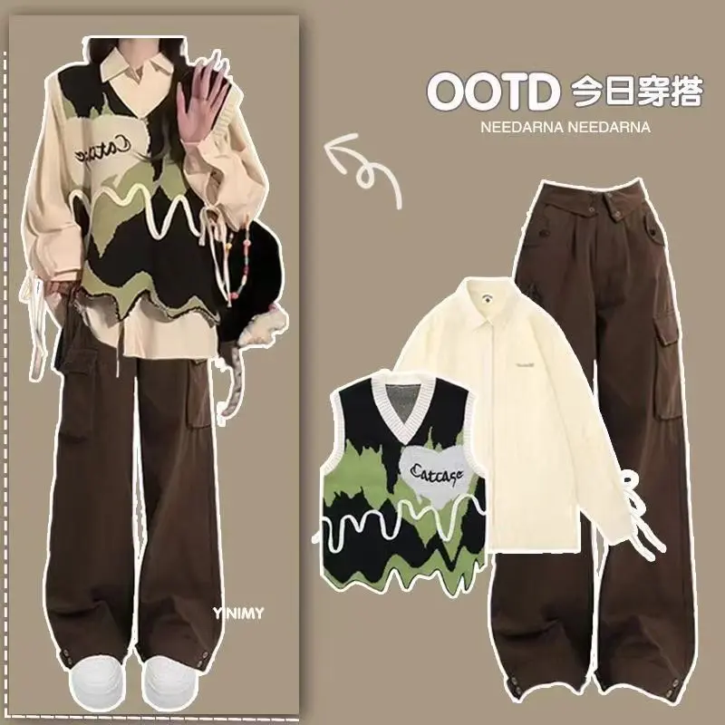 Bộ Đồ Phong Cách Preppy Nữ, Bộ Sưu Tập Mới, Thích Hợp Cho Mùa Xuân Và Mùa Thu, Áo Vest Dệt Kim Cổ Chữ V Bất Đối Xứng Phong Cách Hàn Quốc, Áo Sơ Mi, Quần Phù Hợp, Bộ Đồ Ba Mảnh, Thích Hợp Cho Học Sinh Nữ Top Women