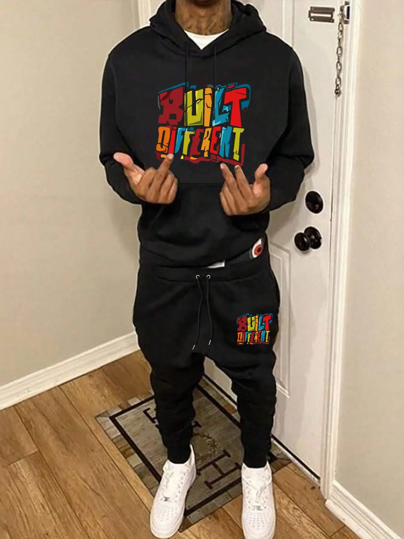 Men's Regular Fit Letter Print Drawstring Hoodie & Sweatpants Set, Casual Long Sleeve Hooded Sweatshirt & Pocket Jogger Pants, Men Two-piece Outfits for Fall & Winter Mens Paris Tracksuit
