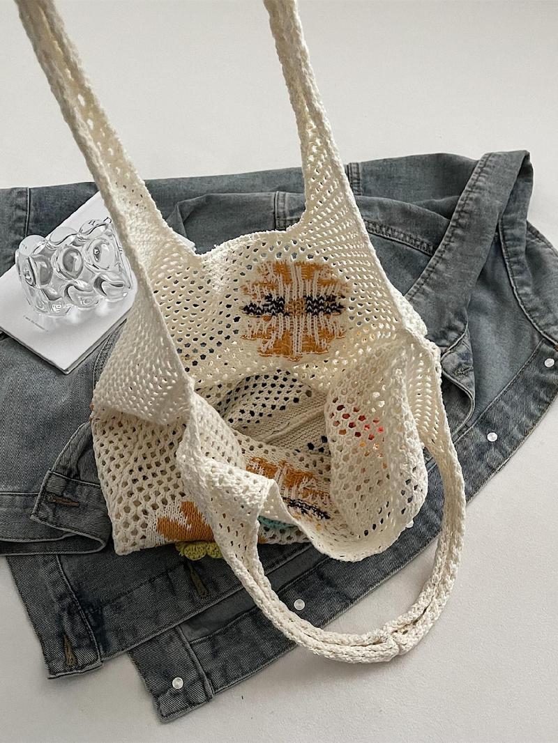 Product Introduction of Women's Colorblock Flower Design Crochet Tote Bag, Casual Versatile Shoulder Bag for Daily Used, Trendy High-quality Daily Commuting Bag, Girl Fashionable Shopping Bag 7