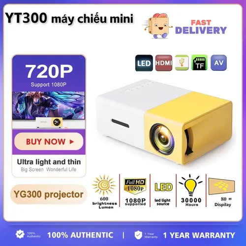 Máy chiếu mini YG300 1080P dễ dàng kết nối với điện thoại, máy tính bảng, laptop iOS, Android bằng cáp HDMI miễn phí