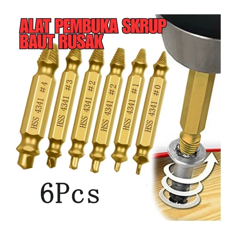 6pcs Tap Balik Screw Extractor Alat Skrup Pembuka Baut Rusak Broken Remover 7