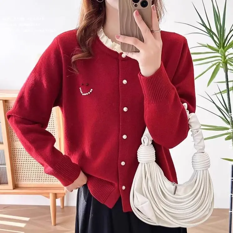 Áo Len Thiết Kế Cho Cổ Ren Và Ngọc Trai, Phong Cách Nhẹ Nhàng, Dễ Phối Đồ, Bó Sát, Mặt Cười, Áo Cardigan Dệt Kim, Xu Hướng K054, Thích Hợp Cho Nữ Nhỏ