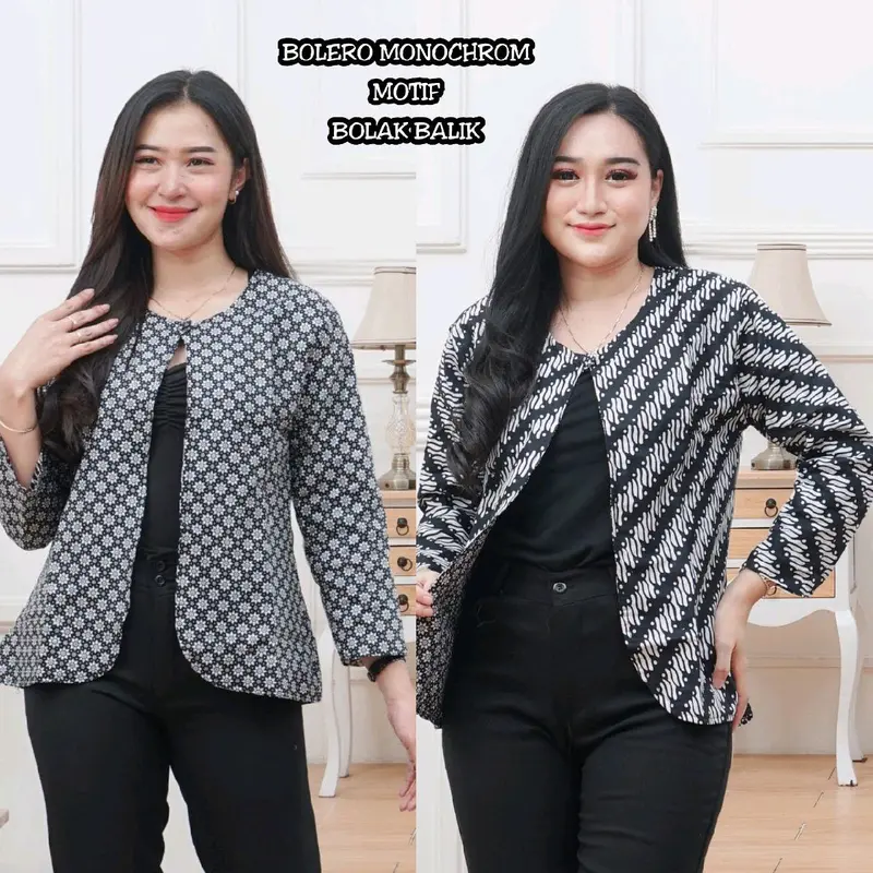 Outer Wanita Blezer Kerja Batik Bolak Balik 2 Motif 2 in 1 Real Pict Kancing Blazer Atasan Hitam Casual Kotak Panjang Baju 8