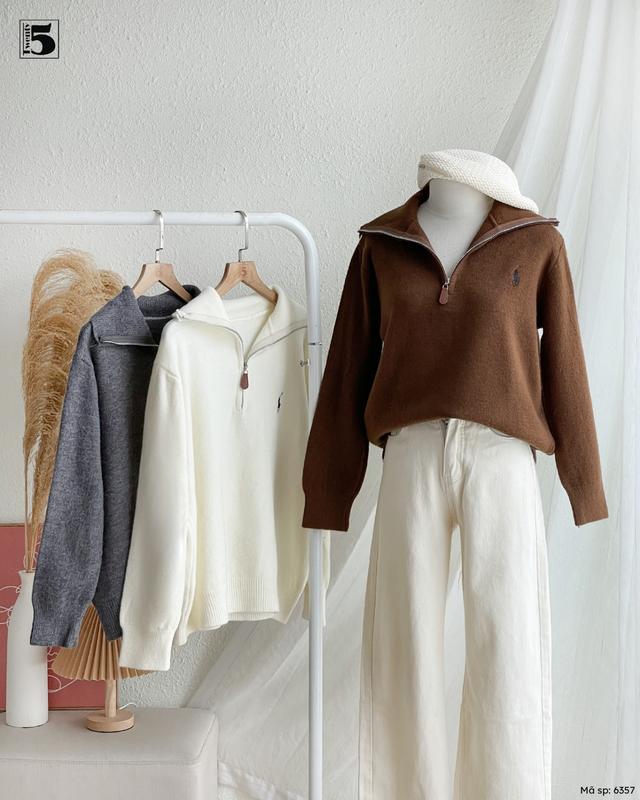 [Không kèm vạt] Áo len sweater dài tay nữ Twentyfive khóa kéo, cổ polo vải dày dặn thêu hình ngựa 6357 Women