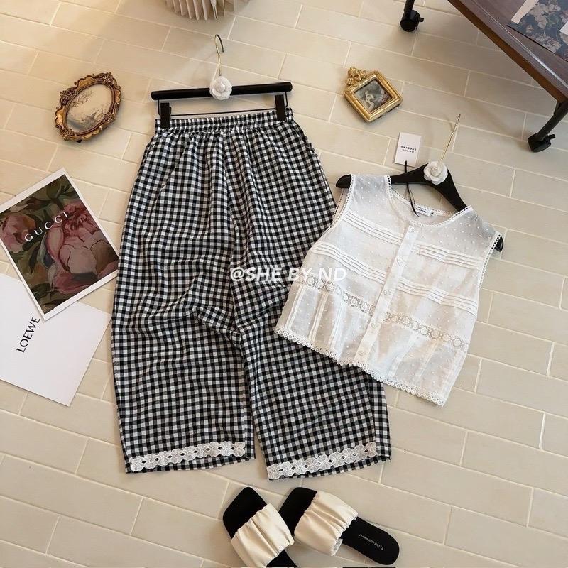 Quần Baggy Kẻ Gấu Ren Mềm Mát Mùa Hè Nữ Women Nhung