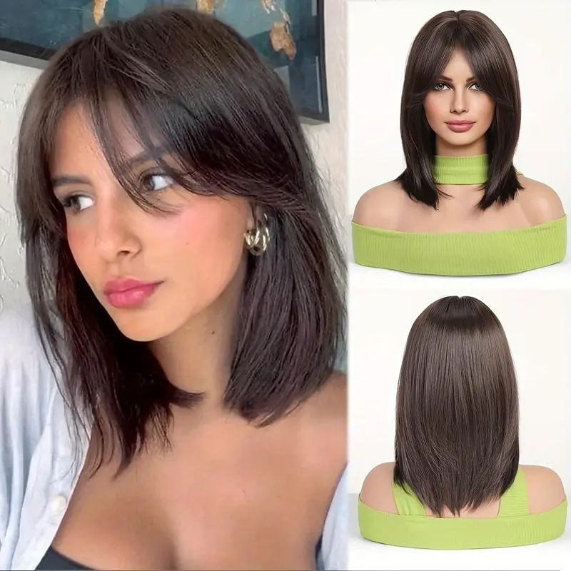 Medium-Length Wig for Women with Bangs, Off-Shoulder Hair, Age-Reducing Middle Part Wig, Full Wig 0