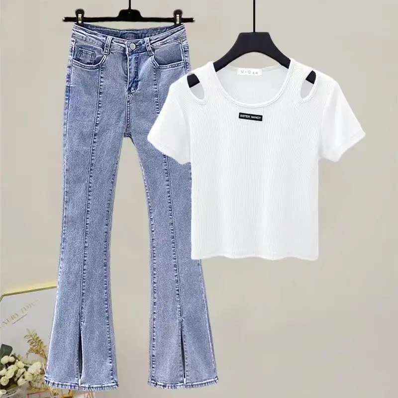 Quần Ống Loe Xẻ Tà, Phong Cách Thanh Lịch Của Phụ Nữ, Cỡ Nhỏ Hàng Mới Về, Áo Khoét Lỗ Độc Đáo Quần Jean Denim, Bộ Hai Mảnh, Thích Hợp Cho Mùa Hè